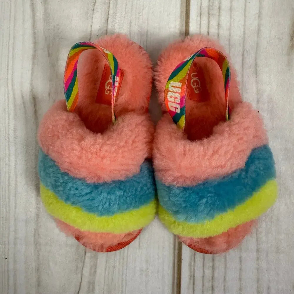 UGG Kids Rainbow Fur Fluff Yeah Slides Slippers Pink Blue Yellow Size 9 Toddler